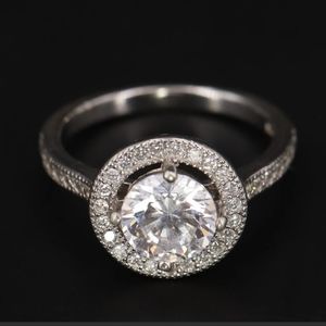 Sterling Silver-white CZ Halo Cluster Engagement Ring-5